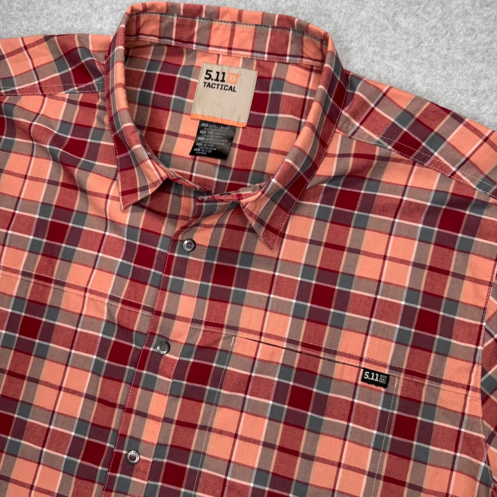 5.11 Tactical Wyatt Short Sleeve Plaid Snap Front Shirt Red Grey Mens XL